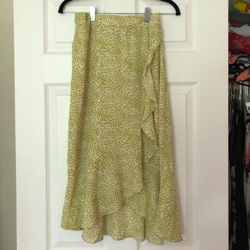 Yellow Floral Ruffled Midi Skirt